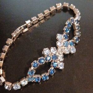 Vintage Blue Rhinestone Bracelet Supersparkly! 7.5" Two Tone Butterfly Ish